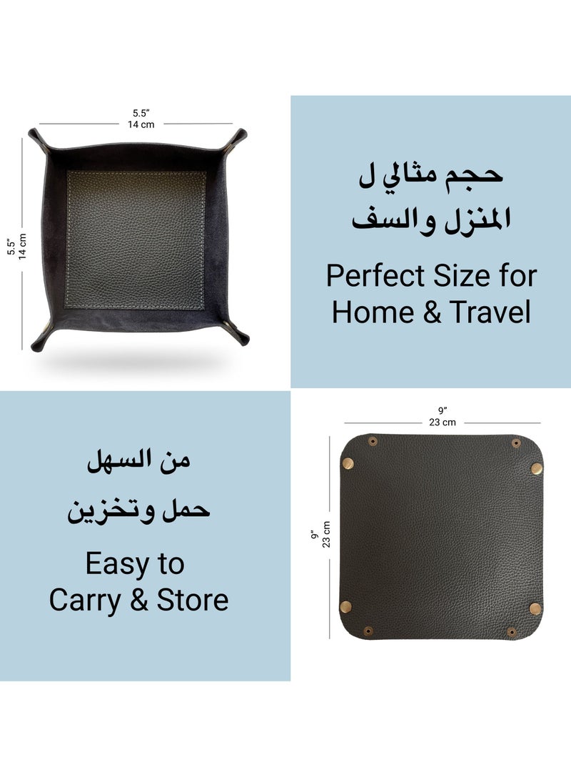 لي آرت LEART - صينية جلديةصينية جلدية صغيرة الحجم لوضع الأغراض الشخصية - صينية صغيرة ومدمجة | منظم للمكتب، بجانب السرير، مدخل المنزل | صينية جلدية للمفاتيح، والعملات المعدنية، والقرطاسية، والمجوهرات (أسود)  - Image 4