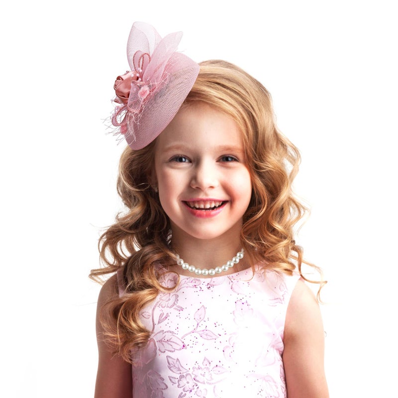 Zinniday Cute Mini Fascinator Hats Pink Mini Elegant Veil Mesh Hat with Pearl Necklace Set for Women Girls Little High Tea Party Kentucky Fascinator with Clip for 1920s 50s Accessories - Image 2