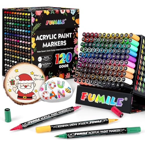 FUMILE 120 Colors Acrylic Paint Markers Dual Tip(Fine and Brush Tip), Acrylic Paint Pens paint Marker for Wood, Rock, Plastic, Glass, Ceramic, Canvas.Acrylic Markers Set for Art Supplies. - Image 1