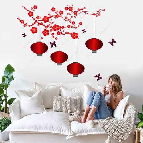 Sticker Yard PVC Vinyl Red Flowers Lantern Wall Sticker for Bedroom,Living Room,Kids Room,Hall Sticker Size 104X79CM - Image 1
