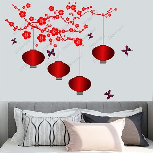 Sticker Yard PVC Vinyl Red Flowers Lantern Wall Sticker for Bedroom,Living Room,Kids Room,Hall Sticker Size 104X79CM - Image 3