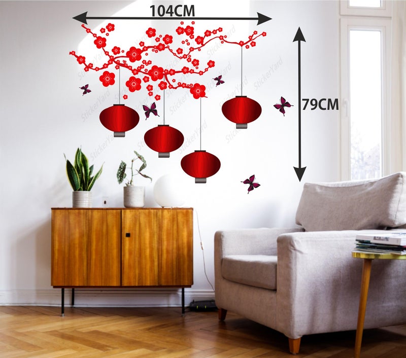 Sticker Yard PVC Vinyl Red Flowers Lantern Wall Sticker for Bedroom,Living Room,Kids Room,Hall Sticker Size 104X79CM - Image 2