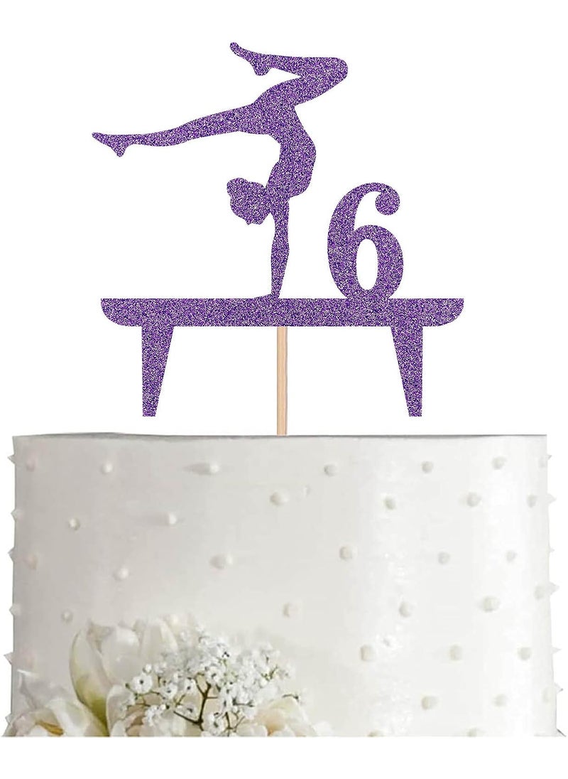 MAGJUCHE Purple Gymnastic 6 Cake Topper Girl Rose Gold Glitter Gymnast 6th Birthday Party Decoration  - Image 1