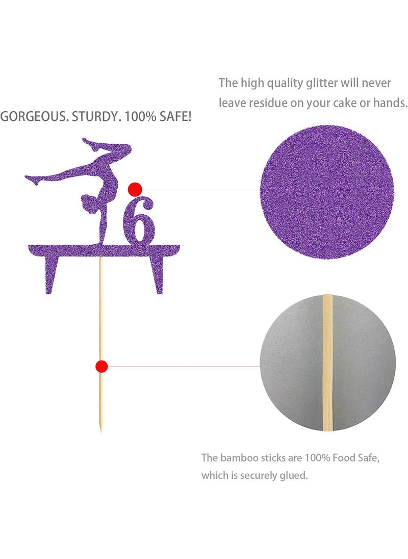 MAGJUCHE Purple Gymnastic 6 Cake Topper Girl Rose Gold Glitter Gymnast 6th Birthday Party Decoration  - Image 2
