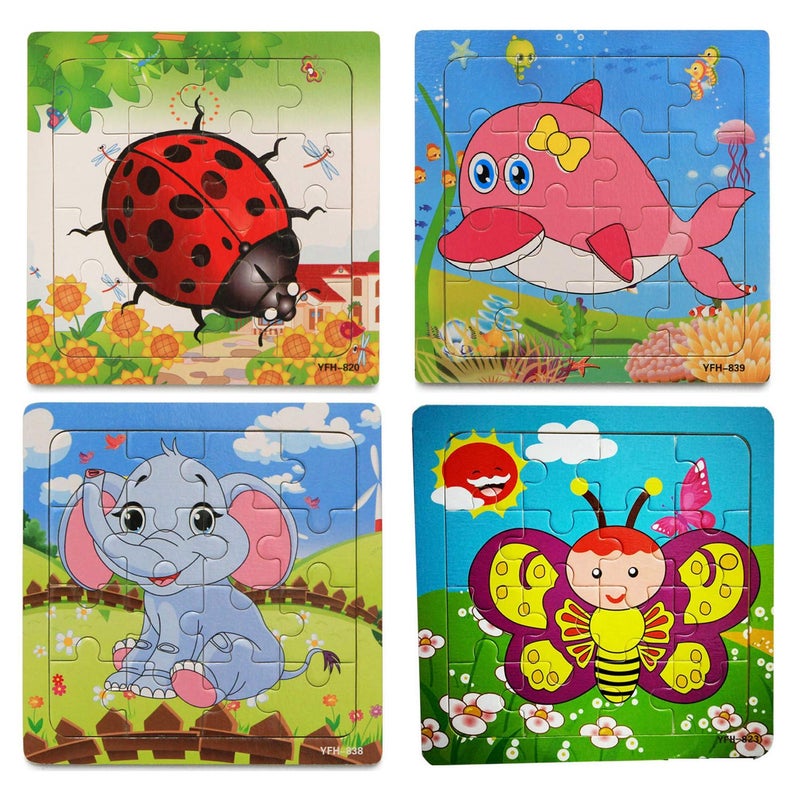 OMGOD Kids Puzzles Toys 4 Pack, 16pcs Wooden Animals Elephant Bee Dolphins Ladybugs Fancy Education and Learning Intelligence Toys Jigsaw Puzzles Present - Image 2