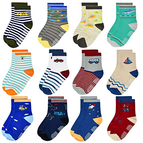 Tphon Toddler Boy Socks with Grips 12 Pairs Kids Anti Slip Cotton Crew Socks for Boys, Girls 3-5 Years - Image 1