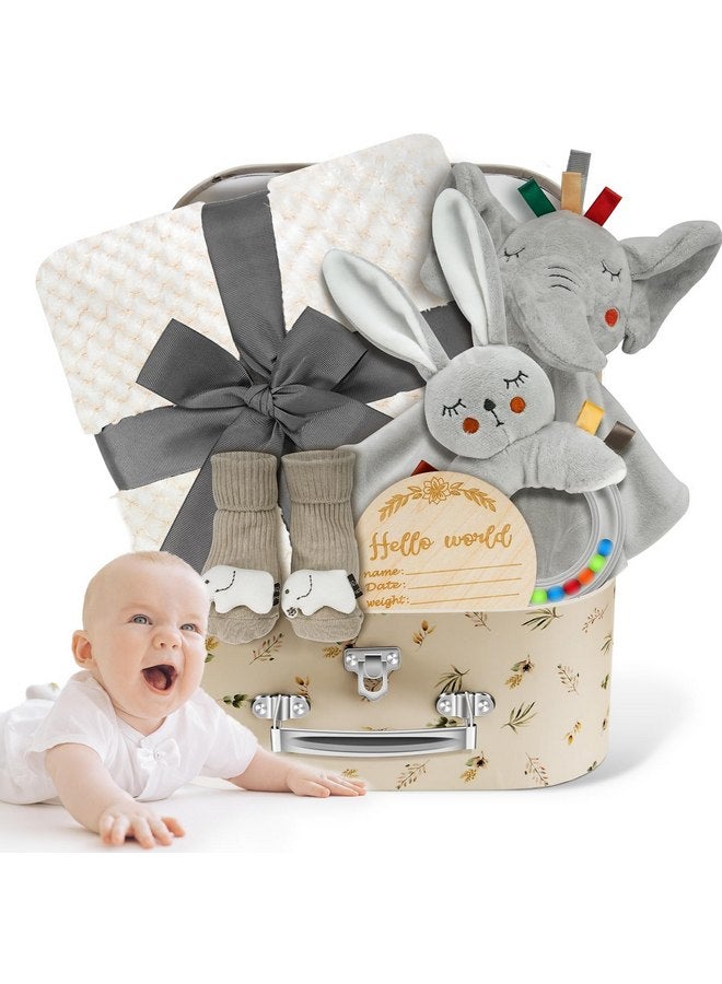 WeCool Baby Boy Gift Basket Set, Unique Baby Gift Basket Set, New Baby Boy Gift Basket, New Baby Gift Basket Set with Baby Blanket, Baby Rattle, Bunny, Keepsake Milestone, Elephant Toy, Baby Socks - Image 1