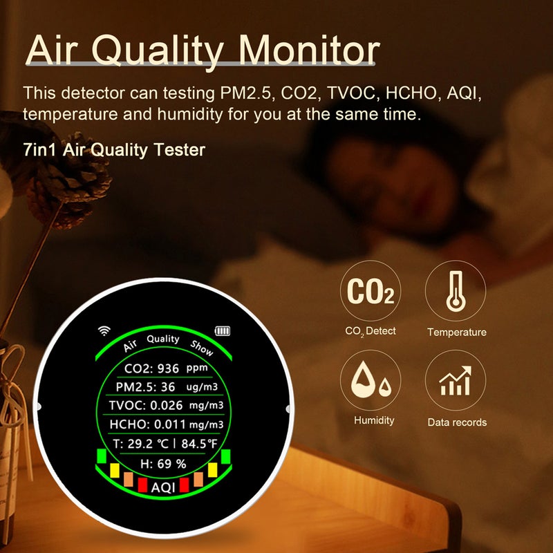 Tuya Wifi 7in1 Multifunctional Air Quality Meter PM2.5 CO2 TVOC HCHO AQI Temperature Humidity Tester Portable Color Display Carbon Dioxide Detector with Alarm Threshold Function - Image 2