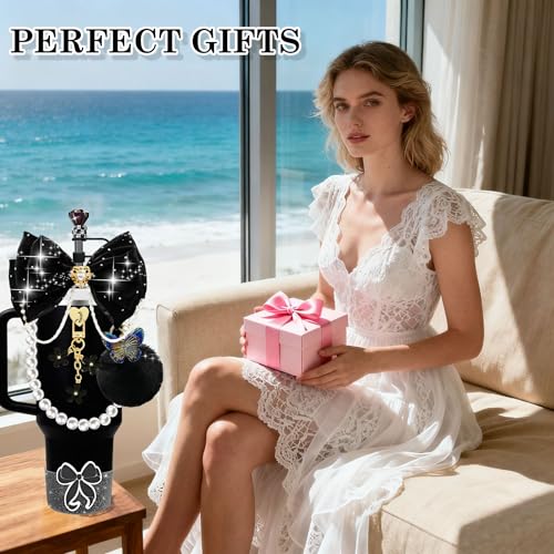 FRZSHENG Bling Accessories for Stanley Cup 20/30/40 oz Tumbler, Glitter Bow & Diamond Straw Topper Set with Silicone Boot, Pearl Handle Strap, Keychain Charms, Pink Decor for Women and Girls (Black) - Image 4