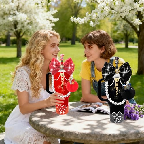 FRZSHENG Bling Accessories for Stanley Cup 20/30/40 oz Tumbler, Glitter Bow & Diamond Straw Topper Set with Silicone Boot, Pearl Handle Strap, Keychain Charms, Pink Decor for Women and Girls (Black) - Image 5