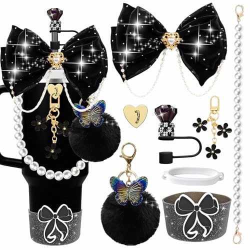 FRZSHENG Bling Accessories for Stanley Cup 20/30/40 oz Tumbler, Glitter Bow & Diamond Straw Topper Set with Silicone Boot, Pearl Handle Strap, Keychain Charms, Pink Decor for Women and Girls (Black) - Image 1