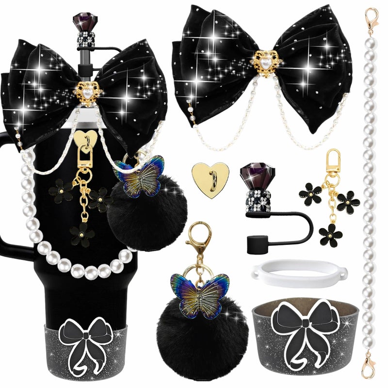 FRZSHENG Bling Accessories for Stanley Cup 20/30/40 oz Tumbler, Glitter Bow & Diamond Straw Topper Set with Silicone Boot, Pearl Handle Strap, Keychain Charms, Pink Decor for Women and Girls (Black) - Image 2