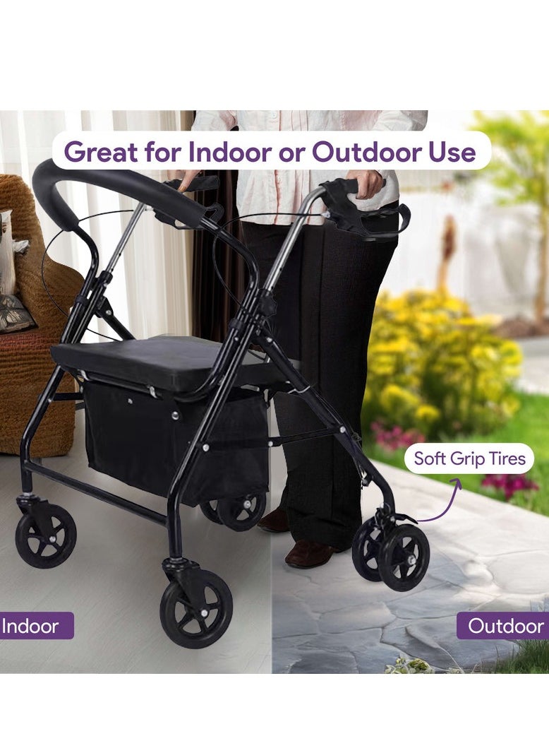 XiuWoo Lightweight Foldable Outdoor Walker, All Terrain Mobility Walker, Six Wheel Rollator, Shipping Cart for Seniors with Seat, Storage Box and with 6 Solid Rubber Tires  - Image 2