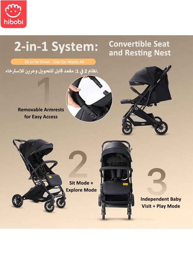 hibobi Premium Travel Stroller with Shock Absorption, One-Hand Quick Fold, 5-Point Harness, Adjustable Reclining Seat & Canopy, All-Terrain Travel Pushchair for Infant and Toddlers - Image 3