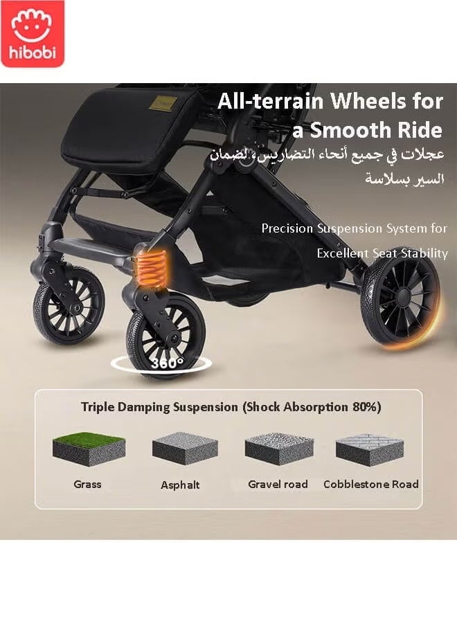 hibobi Premium Travel Stroller with Shock Absorption, One-Hand Quick Fold, 5-Point Harness, Adjustable Reclining Seat & Canopy, All-Terrain Travel Pushchair for Infant and Toddlers - Image 2