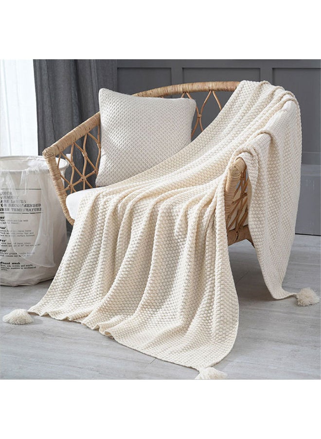NIBEMINENT Tassel Design Warm Blanket Polyester Cream Coloured 130x170cm  - Image 1