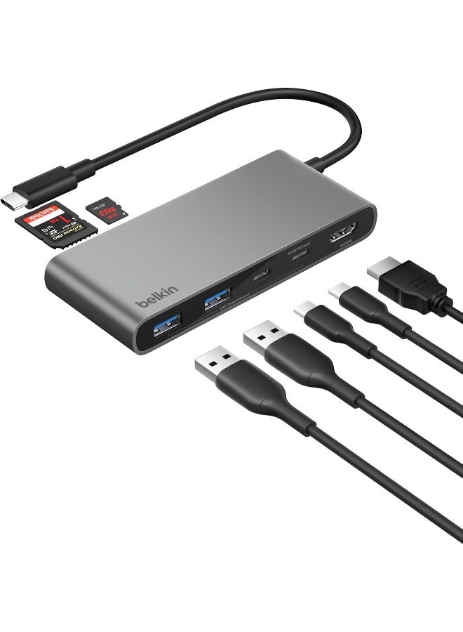 USB C Hub, 7-Port Hub w/ 4K HDMI Display @ 60Hz, SD & MicroSD, 100W Power Delivery, Fast Data Transfer 5Gbps, USB C Multiport Adapter for MacBook, iPad Pro, Chromebook - HDMI 2.0 - Grey Grey
