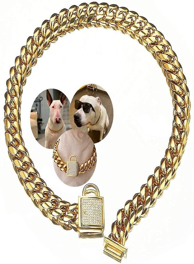 Aiyidi Gold Dog Chain Collar Stainless Steel with Zirconia Lock Luxury Dog Necklace 14MM Heavy Duty Cuban Chain Collar for Small Medium Large Dogs (14mm Gold,10inch) - Image 1