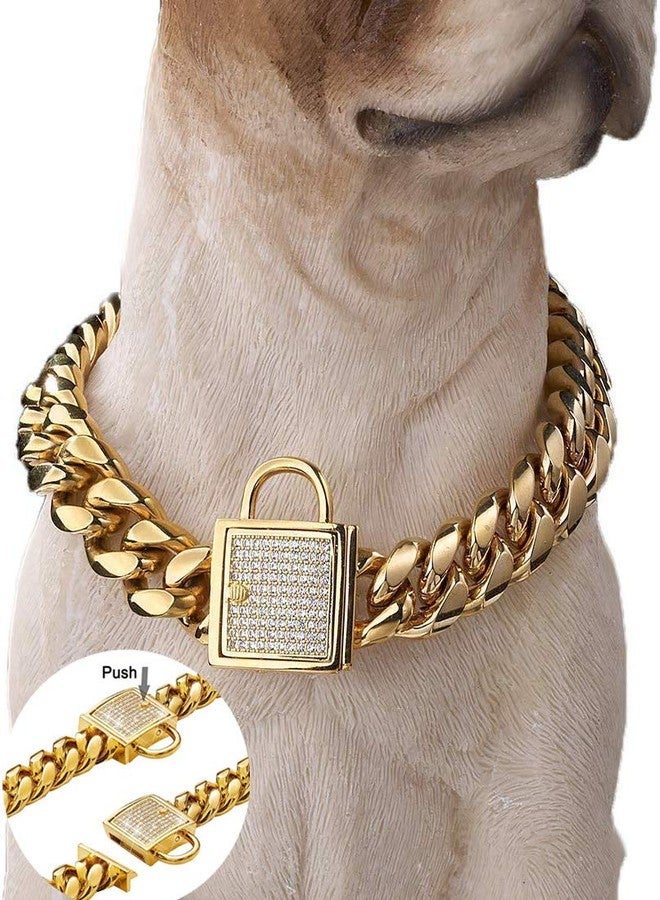 Aiyidi Gold Dog Chain Collar Stainless Steel with Zirconia Lock Luxury Dog Necklace 14MM Heavy Duty Cuban Chain Collar for Small Medium Large Dogs (14mm Gold,10inch) - Image 5