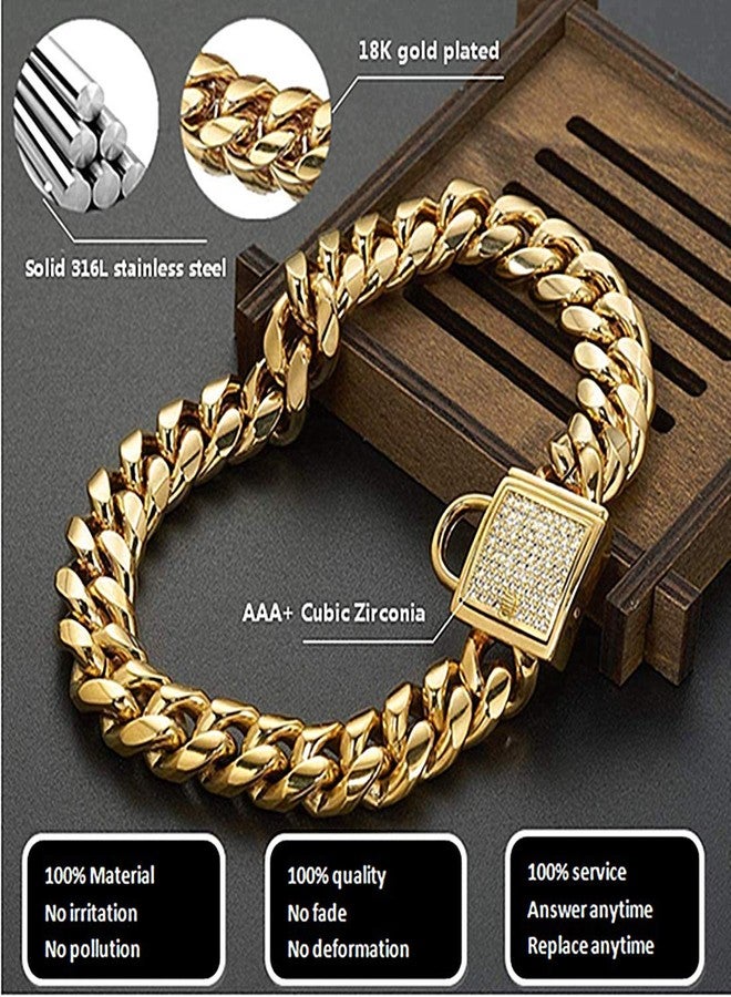 Aiyidi Gold Dog Chain Collar Stainless Steel with Zirconia Lock Luxury Dog Necklace 14MM Heavy Duty Cuban Chain Collar for Small Medium Large Dogs (14mm Gold,10inch) - Image 3