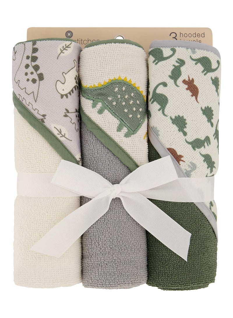 Cudlie Buttons & Stitches Baby Boy 3 Pack Rolled/Carded Hooded Towels in Dino Roar Print (GS71721) - Image 2