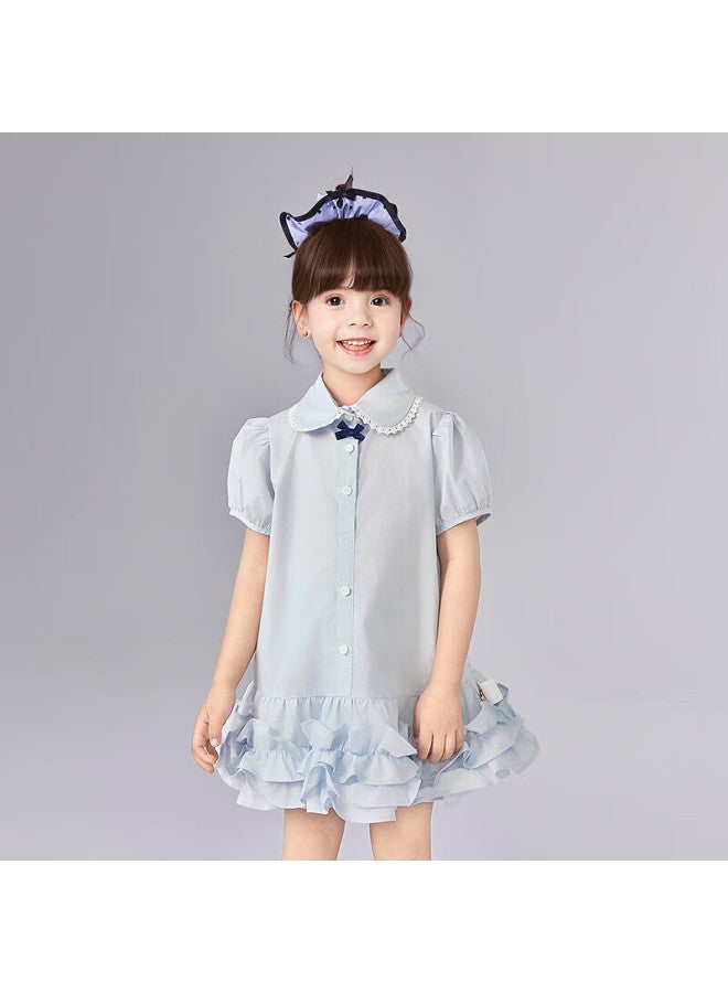 Deesha Kids' Dress Summer Girls' Sweet College Style Shirt Dress Light Blue 120 - Image 2