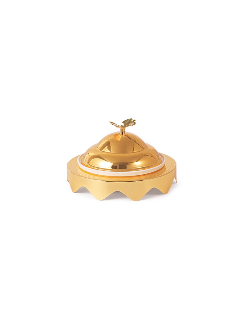 Royalford 8" Date Bowl with Lid- RF12343/Perfect for Serving Dates, Dried Nuts, Candies, Etc./ Versatile and Strong with Elegant Golden-Finish Knob and Base, Ceramic Bowl/ Dishwasher and Freezer Safe Gold - Image 1