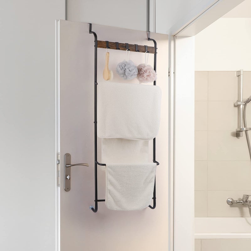 BTY Over The Door Towel Rack Bathroom Behind Door Towel Holder with Hooks 5 Tier Over The Door Towel Bar Hanger Organizer for Bathroom Bedroom Bathroom Accessories, Metal (Black) - Image 5