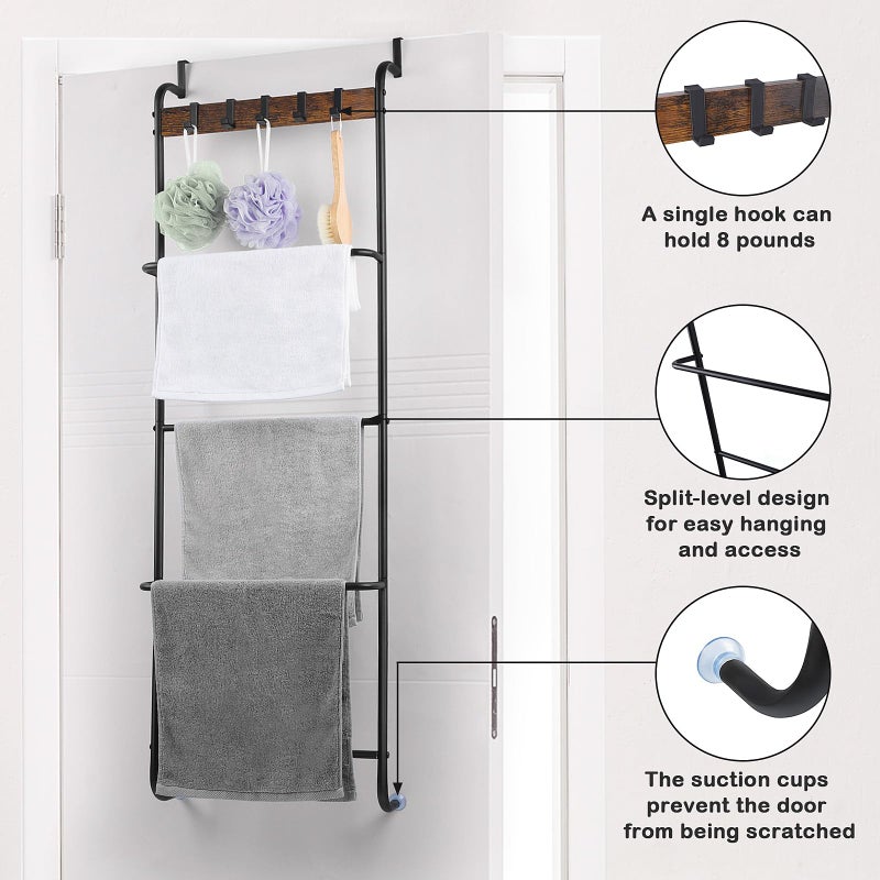 BTY Over The Door Towel Rack Bathroom Behind Door Towel Holder with Hooks 5 Tier Over The Door Towel Bar Hanger Organizer for Bathroom Bedroom Bathroom Accessories, Metal (Black) - Image 4