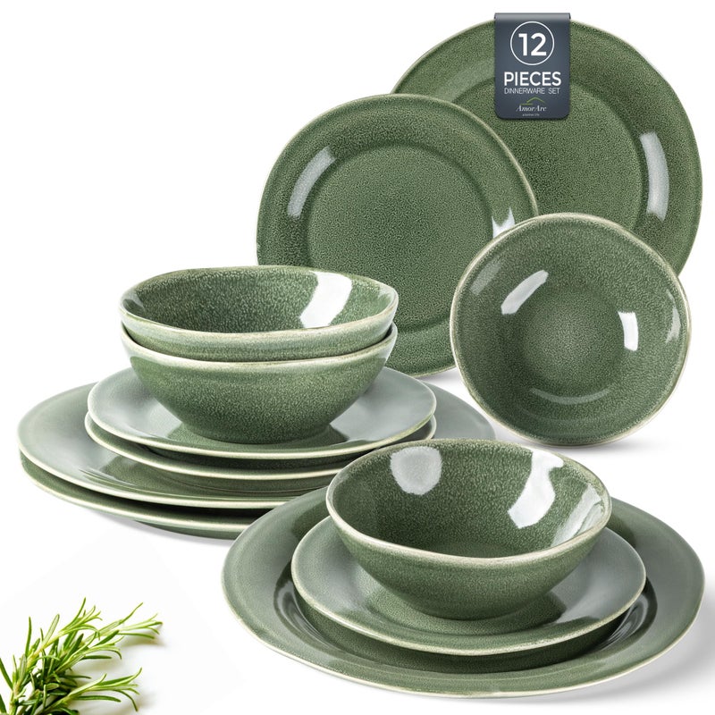 AmorArc Ceramic Dinnerware Sets, Handmade Stoneware Reactive Glaze Plates and Bowls Set, Scratch Resistant | Dishwasher & Microwave Safe Dishes Set, Service for 4 (12pc) - Image 1