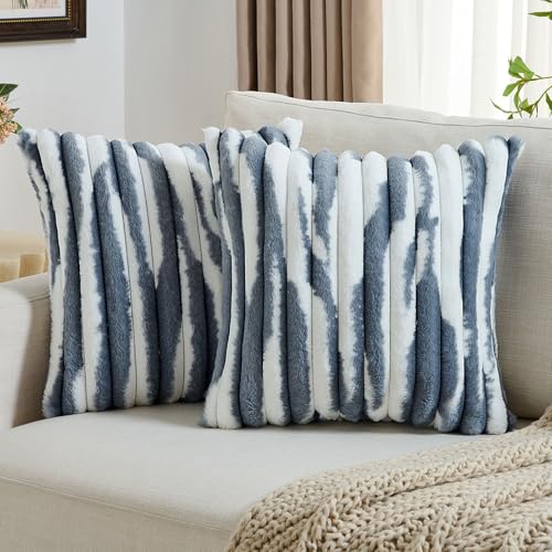 FUTEI Blue Decorative Throw Pillow Covers 18x18 Inch Set of 2 Soft TieDye Faux Rabbit Fur Striped Texture Cushion Case Modern Home Decor for Couch Bed Living Room