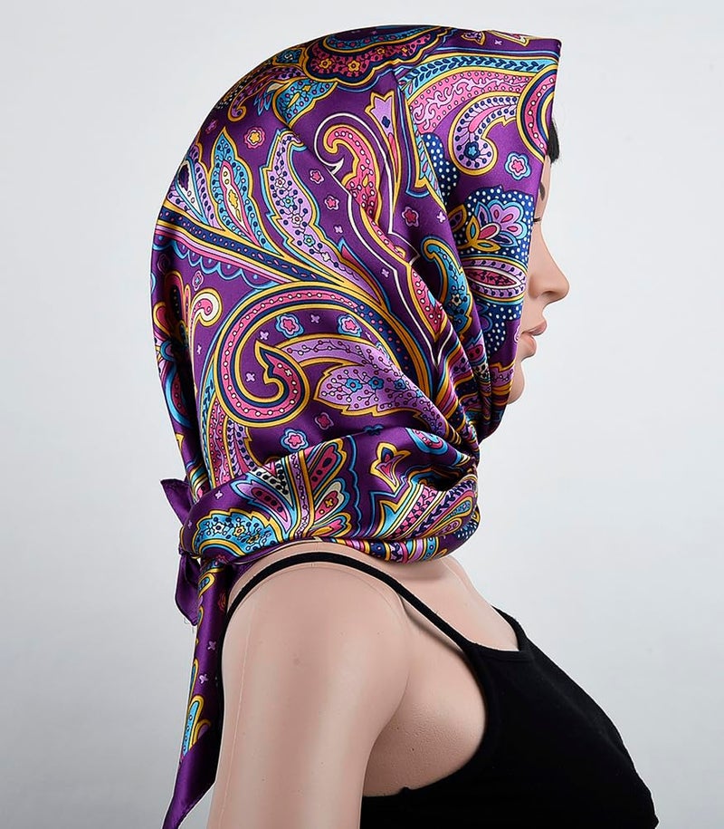 corciova 2 Pcs 35 Square Hair Scarf Black Women Silk Headband Tie Sleeping Night Bandanas Headscarf Paisley (Purple Fuchsia) - Image 3