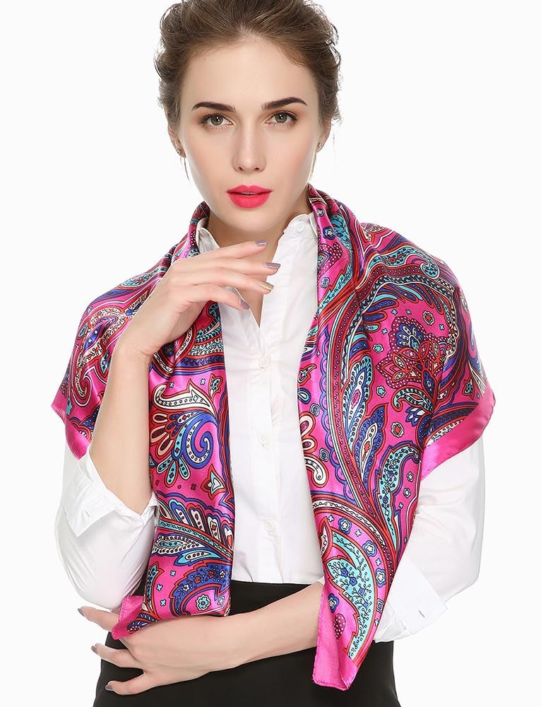 corciova 2 Pcs 35 Square Hair Scarf Black Women Silk Headband Tie Sleeping Night Bandanas Headscarf Paisley (Purple Fuchsia) - Image 5