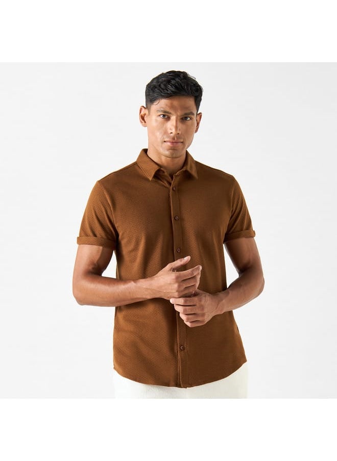 Iconic Iconic Slim Fit Textured Shirt with Short Sleeves and Button Placket  - Image 1