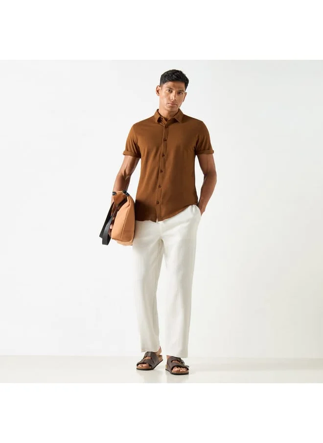 Iconic Iconic Slim Fit Textured Shirt with Short Sleeves and Button Placket