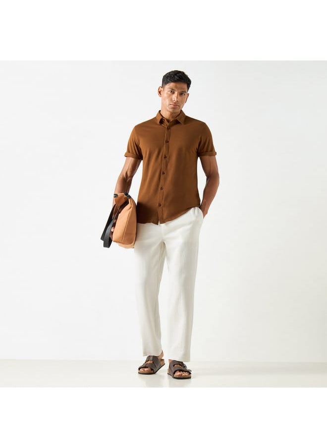 Iconic Iconic Slim Fit Textured Shirt with Short Sleeves and Button Placket  - Image 2