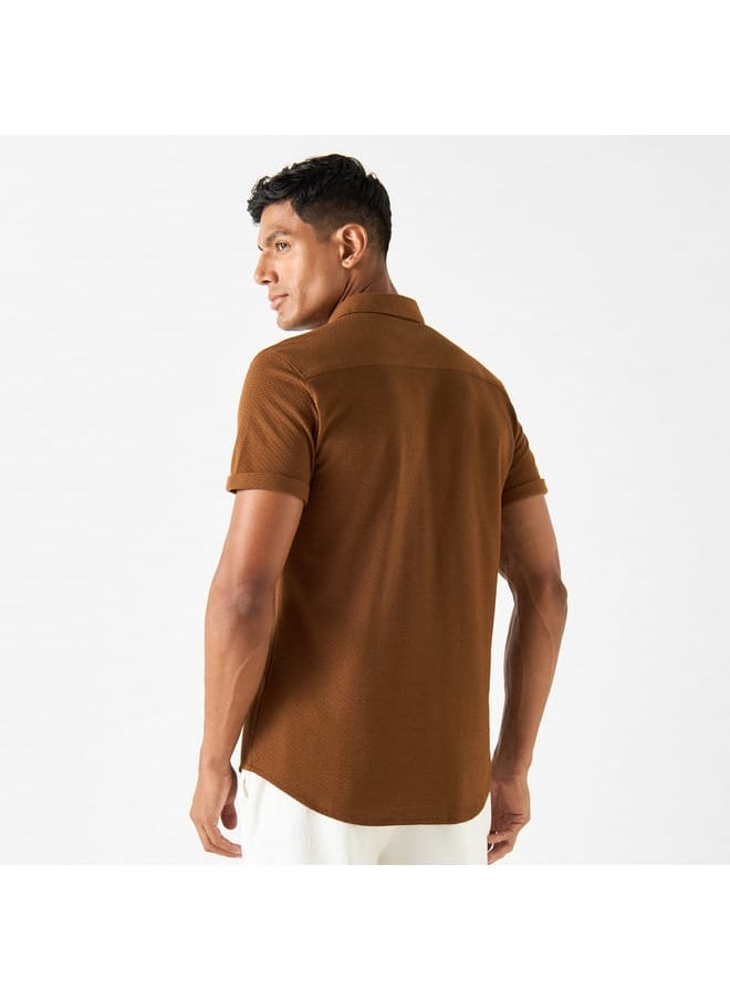 Iconic Iconic Slim Fit Textured Shirt with Short Sleeves and Button Placket  - Image 3