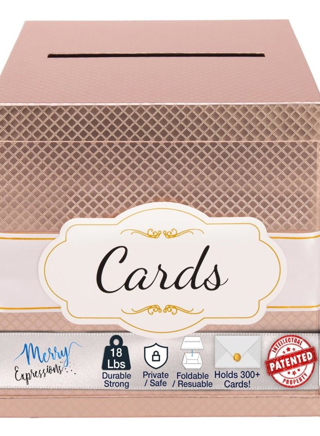 Merry Expressions Rose Gold Wedding Card Box for Party, Wedding, Birthday, Graduation, 25 x25 cm - Large Post Box for Cards & Notes - Wedding Gift Card Box with White & Gold Satin Ribbon & Cards Label - Image 1