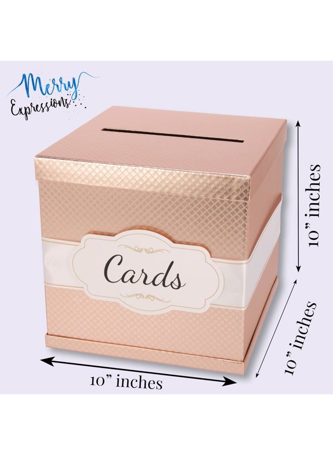 Merry Expressions Rose Gold Wedding Card Box for Party, Wedding, Birthday, Graduation, 25 x25 cm - Large Post Box for Cards & Notes - Wedding Gift Card Box with White & Gold Satin Ribbon & Cards Label - Image 5