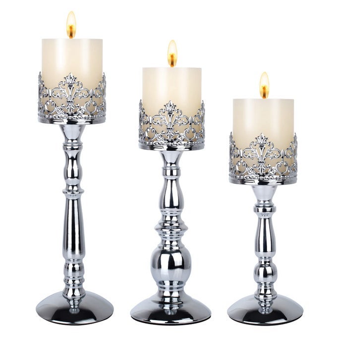 CANDLE HOLDERS FOR PILLAR CANDLES SET OF 3 SILVER VINTAGE TALL CANDLE HOLDERS DECORATIVE LARGE TABLE CENTERPIECES CANDLE STAND DECOR