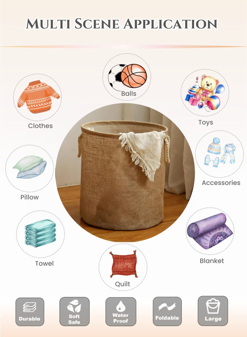 Cotton and Linen Woven Foldable Laundry Basket with Doublehandle,Dress Storage Cloth Basket,PE Waterproof and Moistureproof Inner Film,Kid's Toys Kitchen Storage Basket, Laundry Hamper for Bathroom - Image 4