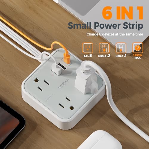 TESSAN Ultra Thin Flat Extension Cord 3 FT, Slim Power Strip with USB Ports (1 USB C), Surge Protector Flat Plug Wall Charger with 3 Outlets for Office, School, Dorm Room Essentials, Grey - Image 2