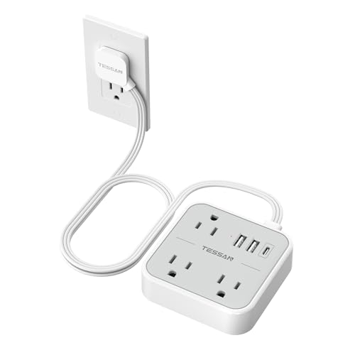 TESSAN Ultra Thin Flat Extension Cord 3 FT, Slim Power Strip with USB Ports (1 USB C), Surge Protector Flat Plug Wall Charger with 3 Outlets for Office, School, Dorm Room Essentials, Grey - Image 1