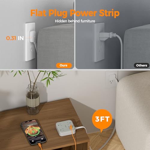 TESSAN Ultra Thin Flat Extension Cord 3 FT, Slim Power Strip with USB Ports (1 USB C), Surge Protector Flat Plug Wall Charger with 3 Outlets for Office, School, Dorm Room Essentials, Grey - Image 3