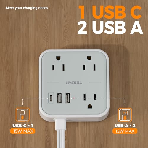 TESSAN Ultra Thin Flat Extension Cord 3 FT, Slim Power Strip with USB Ports (1 USB C), Surge Protector Flat Plug Wall Charger with 3 Outlets for Office, School, Dorm Room Essentials, Grey - Image 5