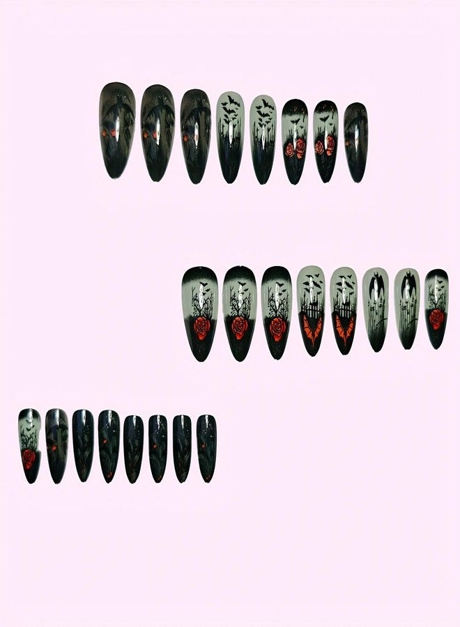 GRITOSE 24pcs Halloween Almond Press on Nails Black Red Fake Nails Bat Rose designs Glossy Glue on Nails Spooky Acrylic Manicure Artificial Nail for Women Girls Nail Supplies - Image 2