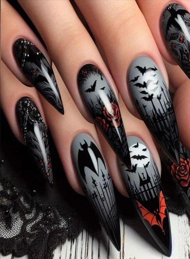 GRITOSE 24pcs Halloween Almond Press on Nails Black Red Fake Nails Bat Rose designs Glossy Glue on Nails Spooky Acrylic Manicure Artificial Nail for Women Girls Nail Supplies - Image 1