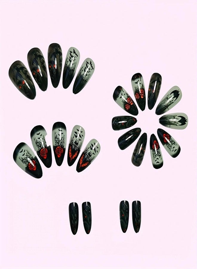 GRITOSE 24pcs Halloween Almond Press on Nails Black Red Fake Nails Bat Rose designs Glossy Glue on Nails Spooky Acrylic Manicure Artificial Nail for Women Girls Nail Supplies - Image 4