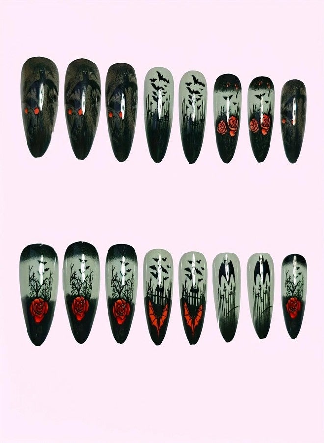 GRITOSE 24pcs Halloween Almond Press on Nails Black Red Fake Nails Bat Rose designs Glossy Glue on Nails Spooky Acrylic Manicure Artificial Nail for Women Girls Nail Supplies - Image 3