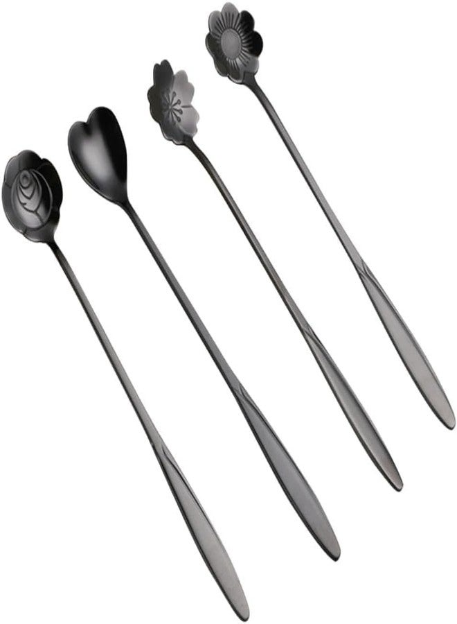 ZANOTTRA 4 Pcs Dessert Spoon, Stainless Steel Coffee Spoon Flower Tea Spoon Cutlery Kitchen Tableware Sugar Spoon Coffee Teaspoon Different Spoon Set for Kitchen Cafe Espresso Spoon 4 Styles (Black) - Image 1